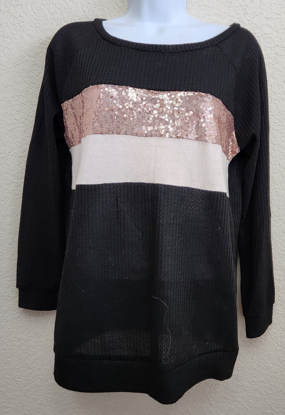 Bibi Black Pink Sequin Stripe Waffle Knit Top Small Lightweight Soft Stretch